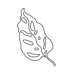 Monstera leaf line art. Outline drawing tropical leaf. Minimalist artwork. One continuous line decorative exotic foliage. Vector illustration isolated on white background