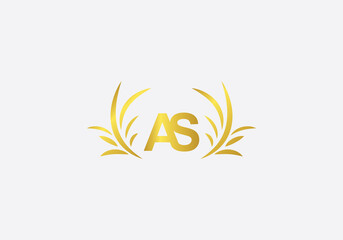 Golden laurel wreath leaf logo design with the letters and alphabets and bamboo leaf