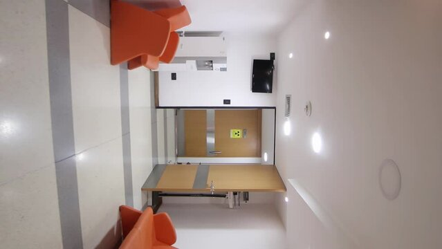 Entrance to the waiting room of the nuclear medicine area in a private clinic, prior to being seen for medical examinations