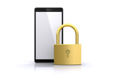 スマートフォンと南京錠、スマートフォンのセキュリティーイメージ