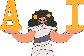 Illustration of a woman holding A and I created in theme of AI for vector art.