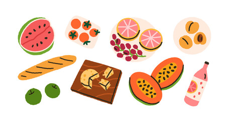 Fresh picnic food set. Healthy eating and drink. Fruits, cheese, baguette, beverage. Watermelon, apricots and grapefruit, apple, cherry tomato. Flat vector illustrations isolated on white background