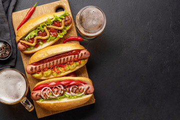 Various hot dog and beer