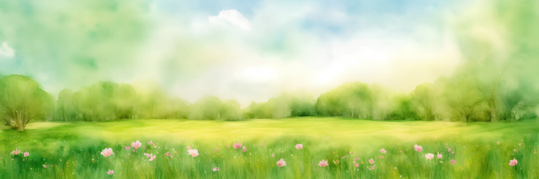 Painted summer landscape, blooming meadow and green sods, panoramic