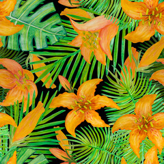 Seamless pattern with floral watercolor pattern with green tropical plants and orange lilies.
