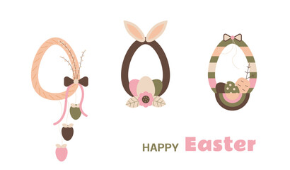 Boho Easter wreath set with bunny ears, eggs, flowers, willow twigs. Spring festive home decor. Modern minimal style. Vector illustration