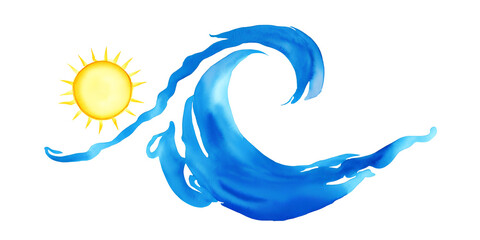 Fototapeta premium Watercolor drawing of sea waves and sun, isolated on white background, design