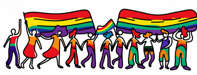 Pride parade. A group of people participating in a Pride parade. LGBT community. LGBTQ. Doodle vector illustration