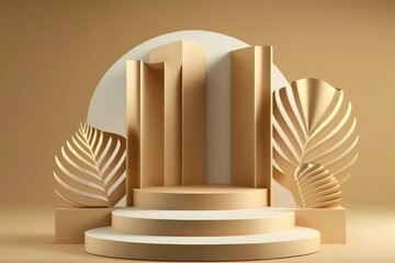 Podium with a palm leaf on a beige background