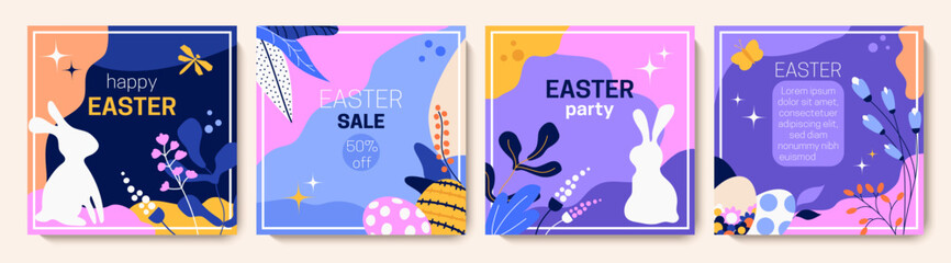 Happy Easter square banner, poster, greeting card. Trendy Easter design with bunny, flowers, eggs in bright colors. Modern minimal style templates for social media, internet ads. Vector illustrations