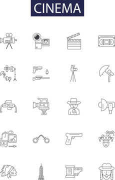 Cinema line vector icons and signs. Film, Theater, Theater-goer, Video, Reel, Projector, Blockbuster, Actors outline vector illustration set