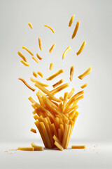 French fries levitating on grey background. Photorealistic fast food Ai generative illustration.