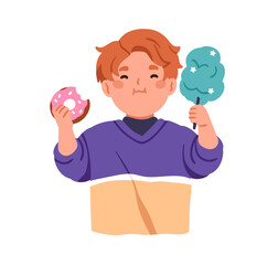 Cute kid eating sweet food, yummy snacks. Happy child holding donut and sugar cotton candy floss in hands. Funny boy enjoying confectionery. Flat vector illustration isolated on white background