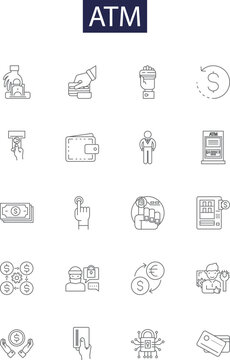 Atm line vector icons and signs. Cash, Dispenser, Machine, Withdrawal, Deposit, Card, Banking, Funds outline vector illustration set