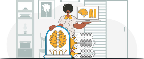 ﻿Man stylishly holds a vector AI brain illustration.