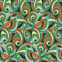 Seamless pattern with leaves, Groovy Style 70s, vectors and illustrations with a 1970s style, retro 70's style, psychedelics, vintage Design