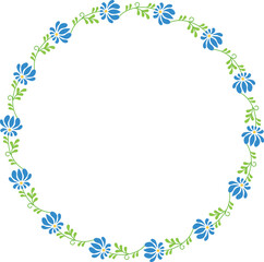Vector hand drawn wreath. Round floral frame of branches with blue flowers.