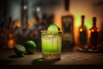 A glass of cocktail with glowing light background. Created Generative Ai