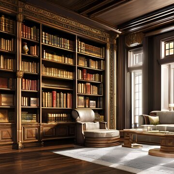 A living room with a large bookshelf as the focal point1, Generative AI