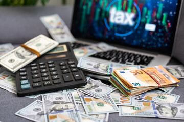 Stock Market Chart on Screen with Dollars and Euros on Background