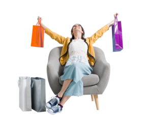 Cheerful shopaholic woman with shopping bags