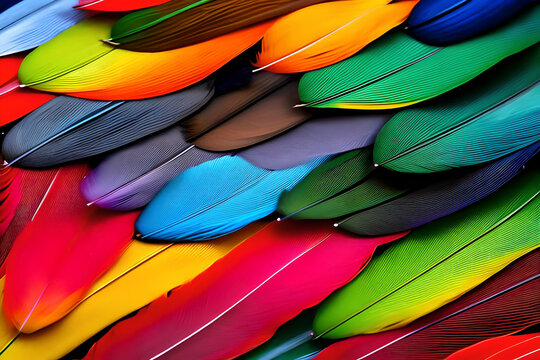 AI generated image of a colourful stack of feathers. Coloured feathers often used as wardrobe accessory and decoration