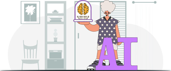 ﻿Guy brandishing a computer-generated A.I. brain, in fashionable attire, vector art.