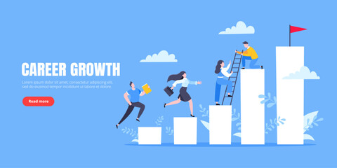 Business mentor helps to improve career and holding stairs steps vector illustration. Mentorship, upskills, climb help and self development strategy flat style design business concept.