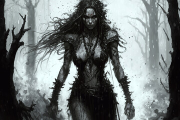 scary sexy girl witch devil in forest. Generative AI illustration