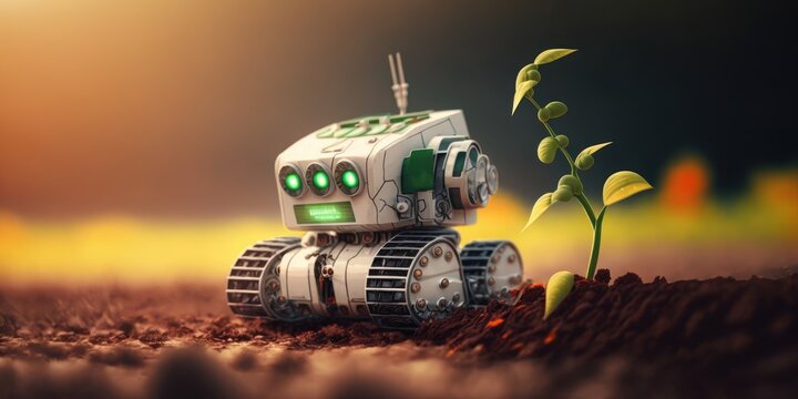 Smart robotic farmer observes and check growth plant background, Agriculture technology concept. Created Generative Ai