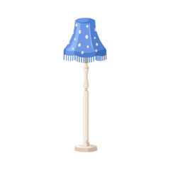 Floor lamp. Standing luminaire, electric light with bell-shaped shade. Retro-styled lampshade with polka dot pattern and fringe decor. Flat cartoon vector illustration isolated on white background