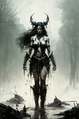 scary sexy woman witch devil with horns in forest. Generative AI illustration