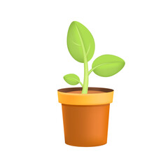 Spout growing on brown flowerpot 3D illustration. Cartoon drawing of seedling of flower or plant in 3D style on white background. Growth, development, nature, botany concept