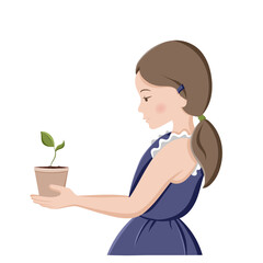 Pretty young girl with a sprout in the minimalistic pot. Potted plant as a gift. Take care and beauty. Home decor and gardening concept. Isolated vector illustration