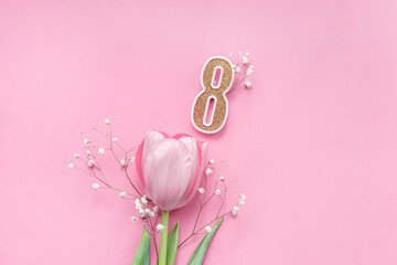 Greeting card, banner for Spring Day, March 8 International Women Day, birthday girl, pink background