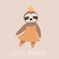 little princess, cute funny little ballerina sloth. Vector kids illustration. Scandinavian style flat design. Cartoon children concept.