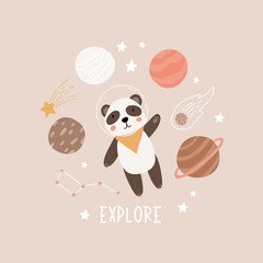 Space adventure panda. Cartoon bear, hand drawing lettering, decor elements. Pastel vector illustration for kids. Scandinavian flat style. baby design for cards, posters, t-shirt print.