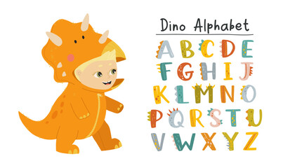 Vector funny comic Dino alphabet on a white background in cartoon style. Bright modern illustration with Little boy dressed in jumpsuit kigurumi in form of triceratops.