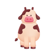 Cute cow toy for children 3D illustration. Cartoon drawing of farm or cattle animal in 3D style on white background. Nature, domestic animals, childhood concept