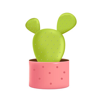 Cute cactus plant in pink flowerpot 3D illustration. Cartoon drawing of tropical or exotic plant for home or office in 3D style on white background. Nature, botany, decor, houseplants concept