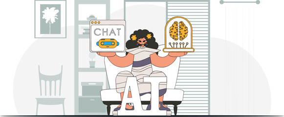 ﻿Girl showcasing AI brain, in a cool style, vector artwork.