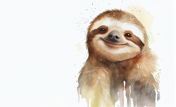 Hand drawn watercolor smiling sloth with copyspace on white background. Generative AI.