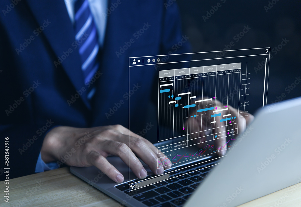 Poster business manager managing business planning project schedules in the office. gantt chart showing on 