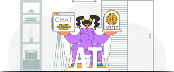 Naklejka na ściany i meble ﻿Girl holding AI brain, stylishly drawn in vector art.