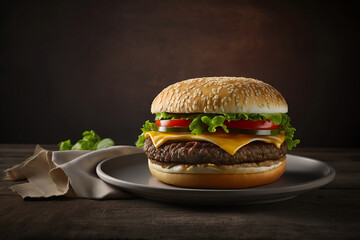 Beef burger on a plate on a dark wooden table close-up. Classic cheeseburger with lettuce. Rustic style. Image is AI generated.