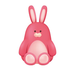 Cute pink bunny or rabbit toy for children 3D illustration. Cartoon drawing of adorable wild animal with long ears in 3D style on white background. Nature, wildlife, childhood concept