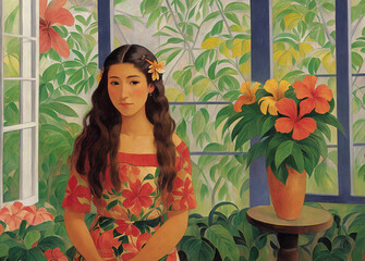 Decorative painting illustration with hawaiian woman in a floral dress, with a hawaiian hibiscus flower in her hair, sitting near the window to the garden. Generative AI	 - obrazy, fototapety, plakaty