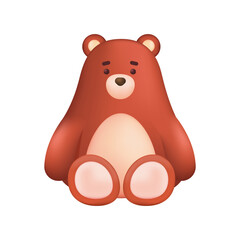 Cute brown bear toy for children 3D illustration. Cartoon drawing of wild forest animal, zoo mascot in 3D style on white background. Nature, wildlife, childhood concept