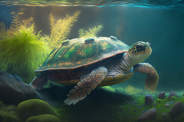 Fototapeta na wymiar An adorable armored turtle swimming underwater with Generative AI technology
