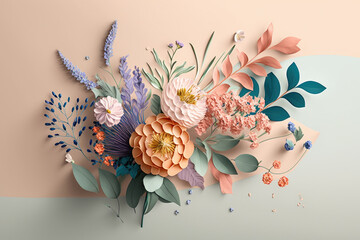 illustration of colorful, pastel, fresh, Spring flowers flying minimal bouquet, generative AI